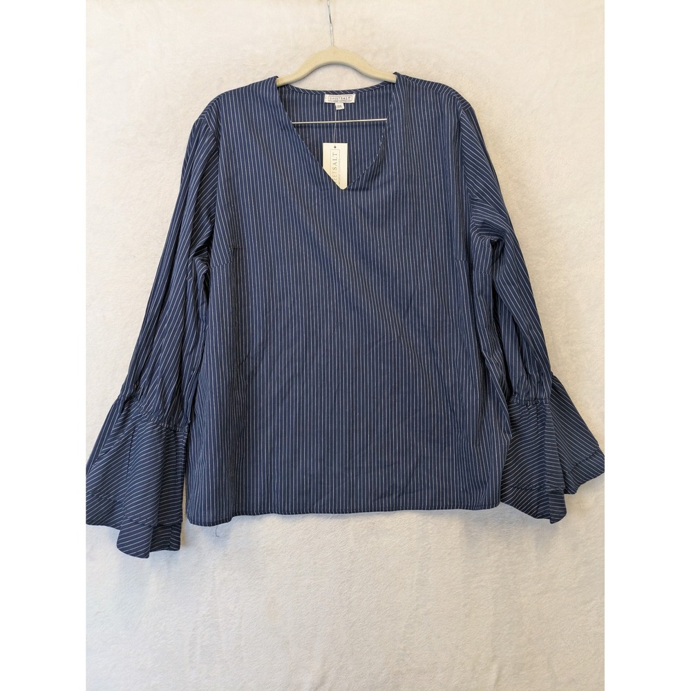SweetSalt Modest‎ Navy Blue Pinstripe Bell Sleeve Cotton Blouse XXL NWT